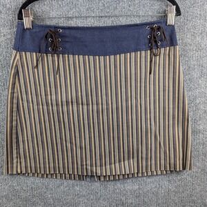 Vintage y2K Wrapper Striped Mini Skirt 90s Navy Tan Lace Up sz 11 Made in USA
